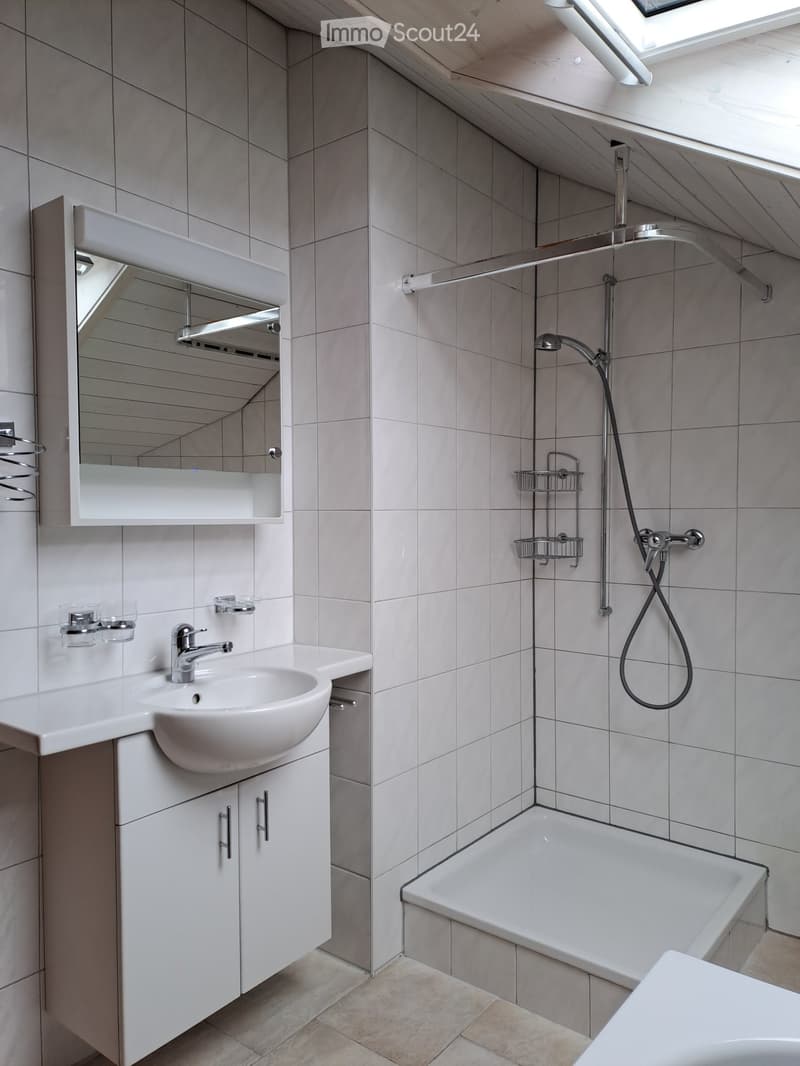 Modern bathroom with a white sink, mirror, bathtub, and showerhead. Features sleek, contemporary design with grey tiles and a skylight window.