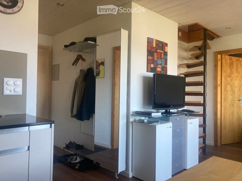 A modern, compact living space with a TV on a glass table, a coat rack, shelves, and a small cabinet.