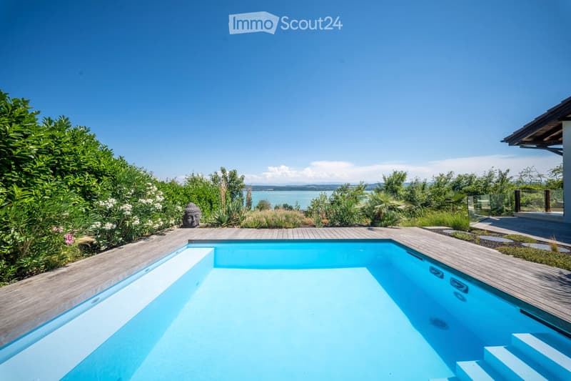 A modern outdoor area with a swimming pool, surrounded by lush greenery and a scenic view of a lake in the background.