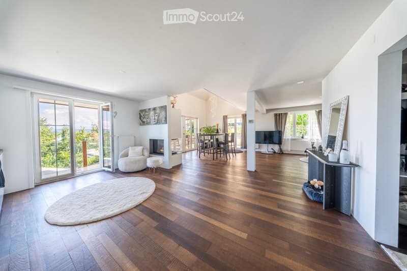 Spacious living and dining area with wooden flooring, large windows, a view, a fireplace, a sofa, a dining table with chairs, and a television.
