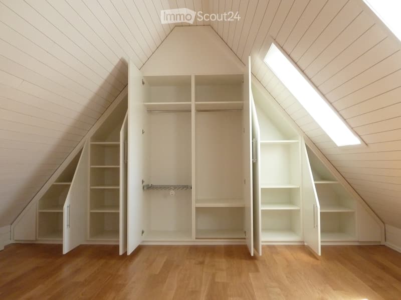Empty attic space with wooden floors, white built-in closet units, and skylight windows.