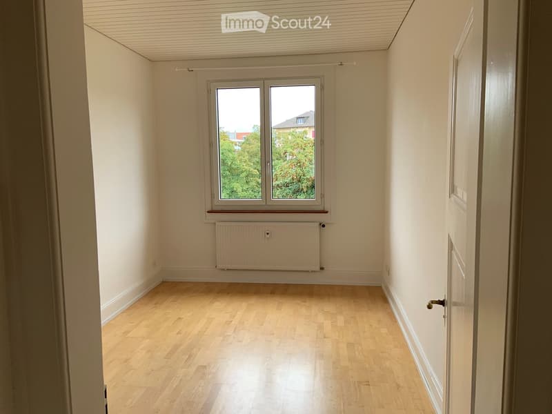 Empty room with light wooden flooring, white walls, a window with a view of greenery, and a radiator below the window.