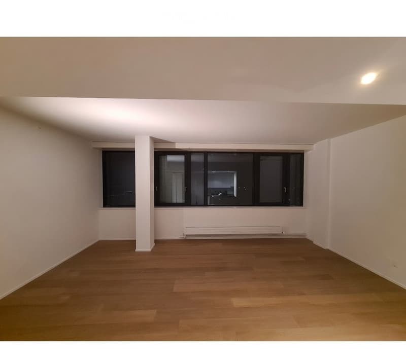 Empty room with wooden flooring, white walls, large windows, and a radiator. No furniture or equipment present.