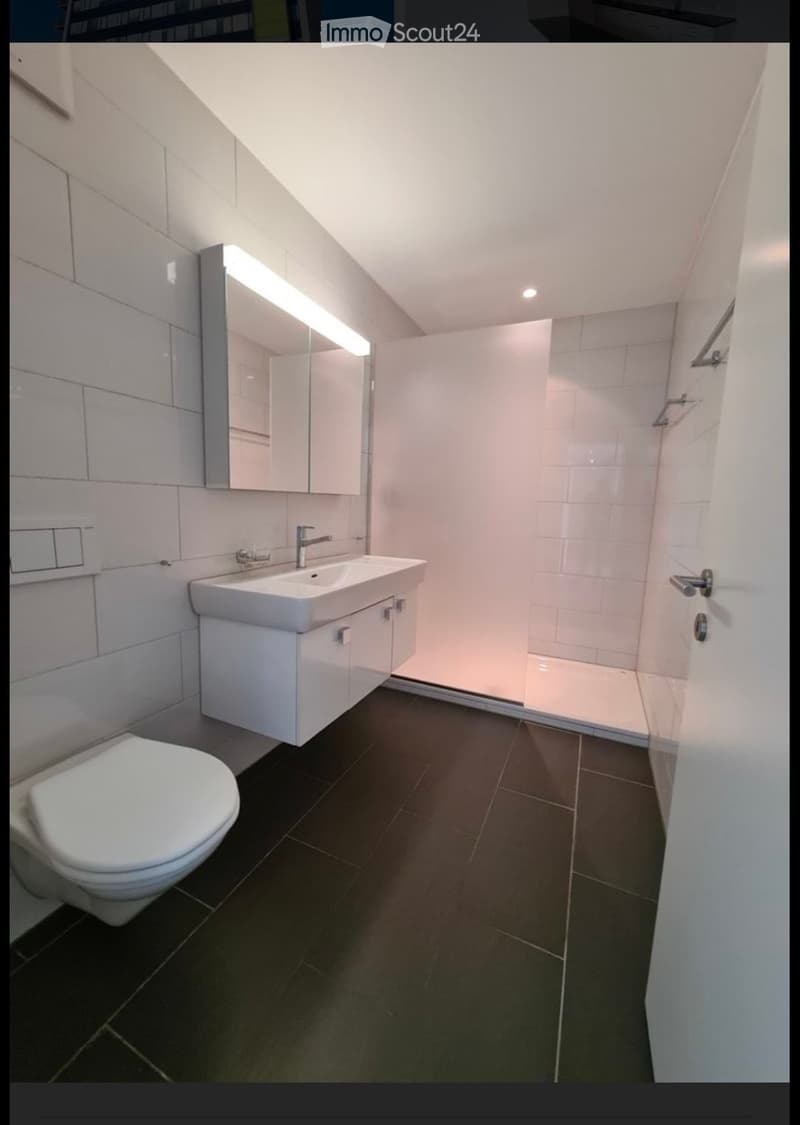 Modern bathroom with white tiles, dark floor, toilet, sink with mirror, and built-in cabinet.