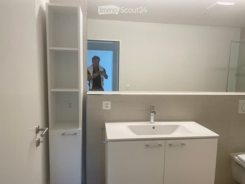 Modern bathroom with white cabinetry, a sink with a chrome faucet, a large mirror, and a glass-enclosed shower area visible in the background.
