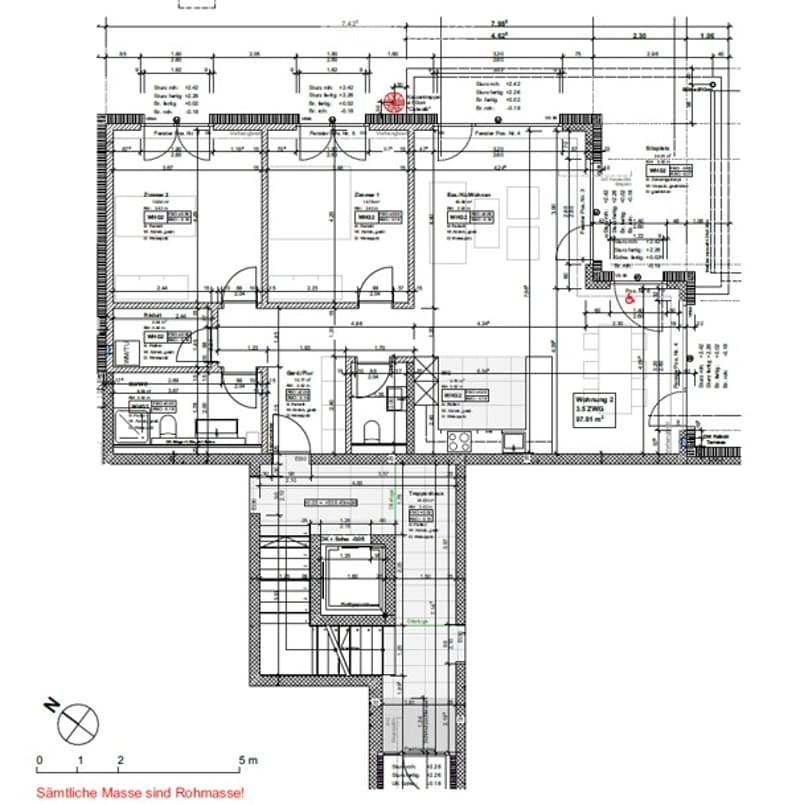 Floor plan of a multi-level residential building with detailed room dimensions and labels, including living areas, bedrooms, bathrooms, and technical spaces.