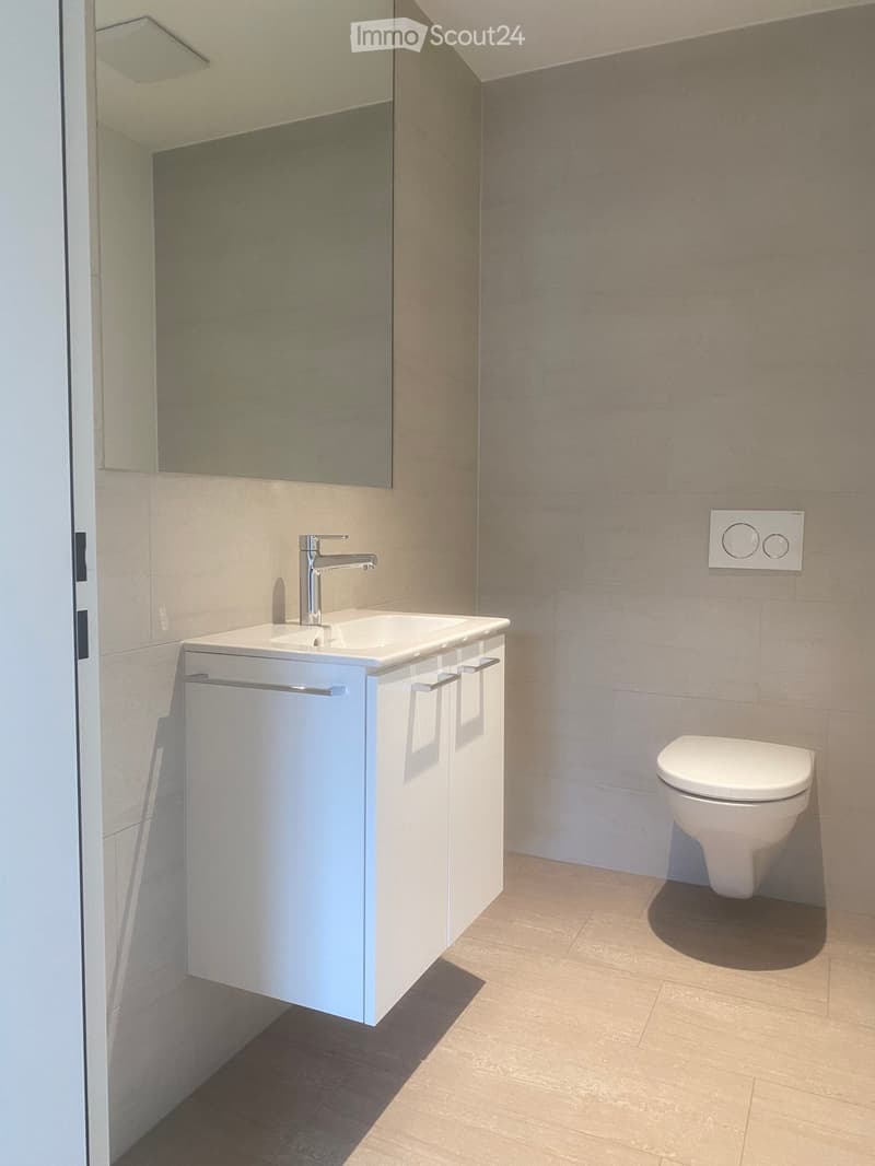Modern bathroom with a white sink cabinet, chrome faucet, large mirror, and a toilet. Light-colored tiles on walls and floor.