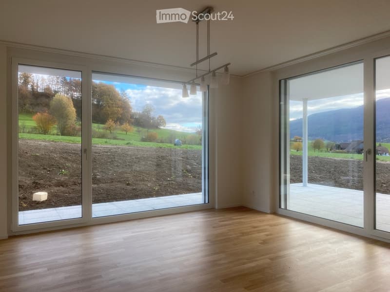 Bright, empty room with large sliding glass doors opening to a scenic outdoor view, wooden flooring, and modern lighting fixture.
