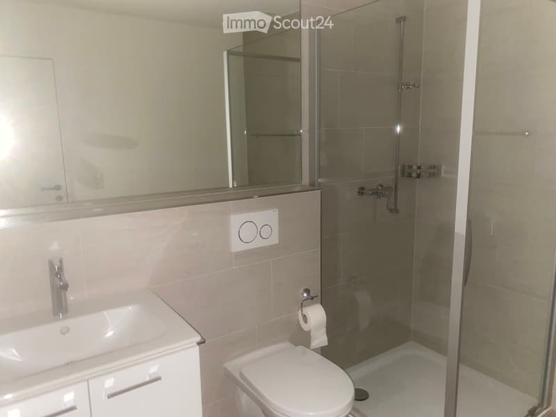 Modern bathroom with a white sink, toilet, large mirror, and a glass-enclosed shower. Light-colored tiles and sleek fixtures.