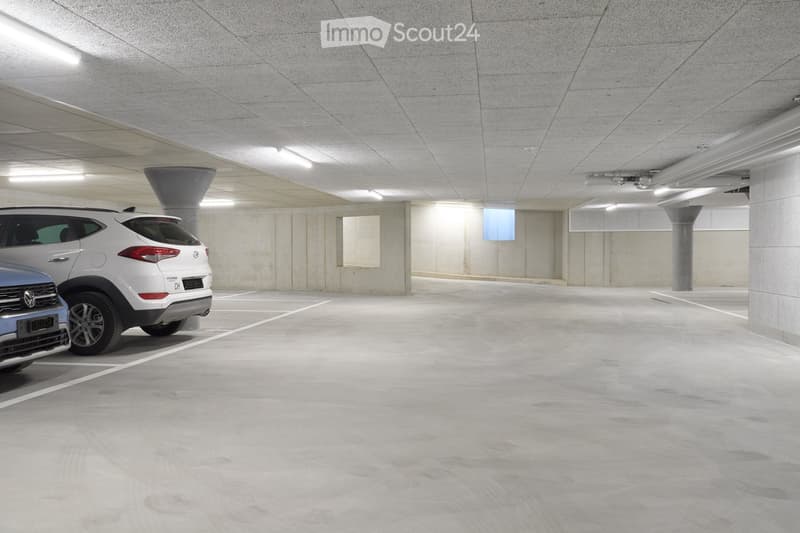 Underground parking area with concrete floors and walls, two parked cars, and visible support pillars.