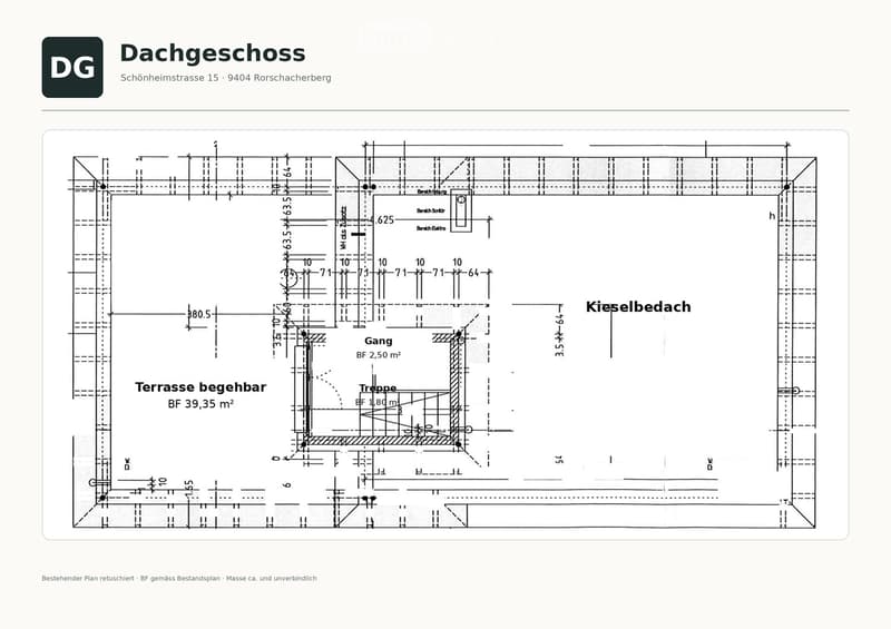 Roof floor plan showing terrace, staircase, hallway, and roof structure with measurements and labels.