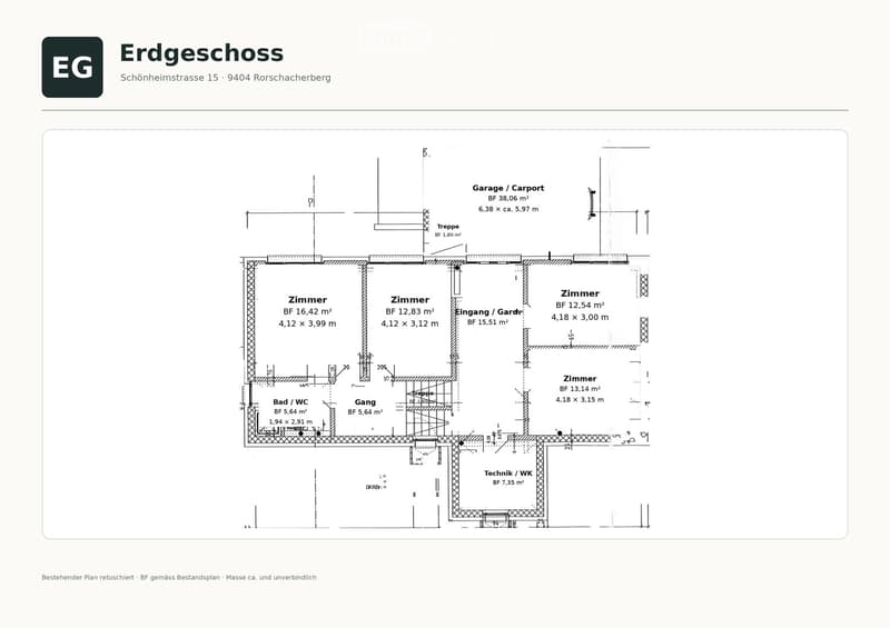Ground floor floor plan showing multiple rooms including bedrooms, bathroom, entrance, garage, and technical room.