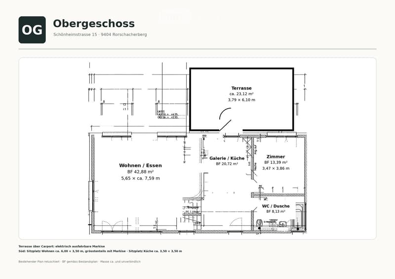Floor plan of the upper floor (OG) showing a living/dining area, kitchen/galley, bedroom, bathroom, and terrace.