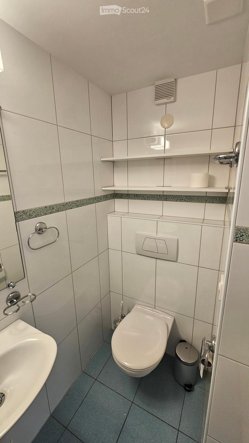 Modern bathroom with white tiles, a toilet, a sink, a mirror, and a towel ring.