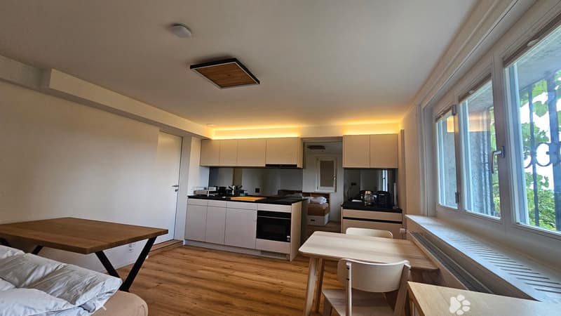A modern, open-concept living and dining area with a kitchen. The space features a wooden floor, white walls, and large windows. A sofa is positioned near the window, a dining table with chairs is in the center, and a compact kitchen area is visible with