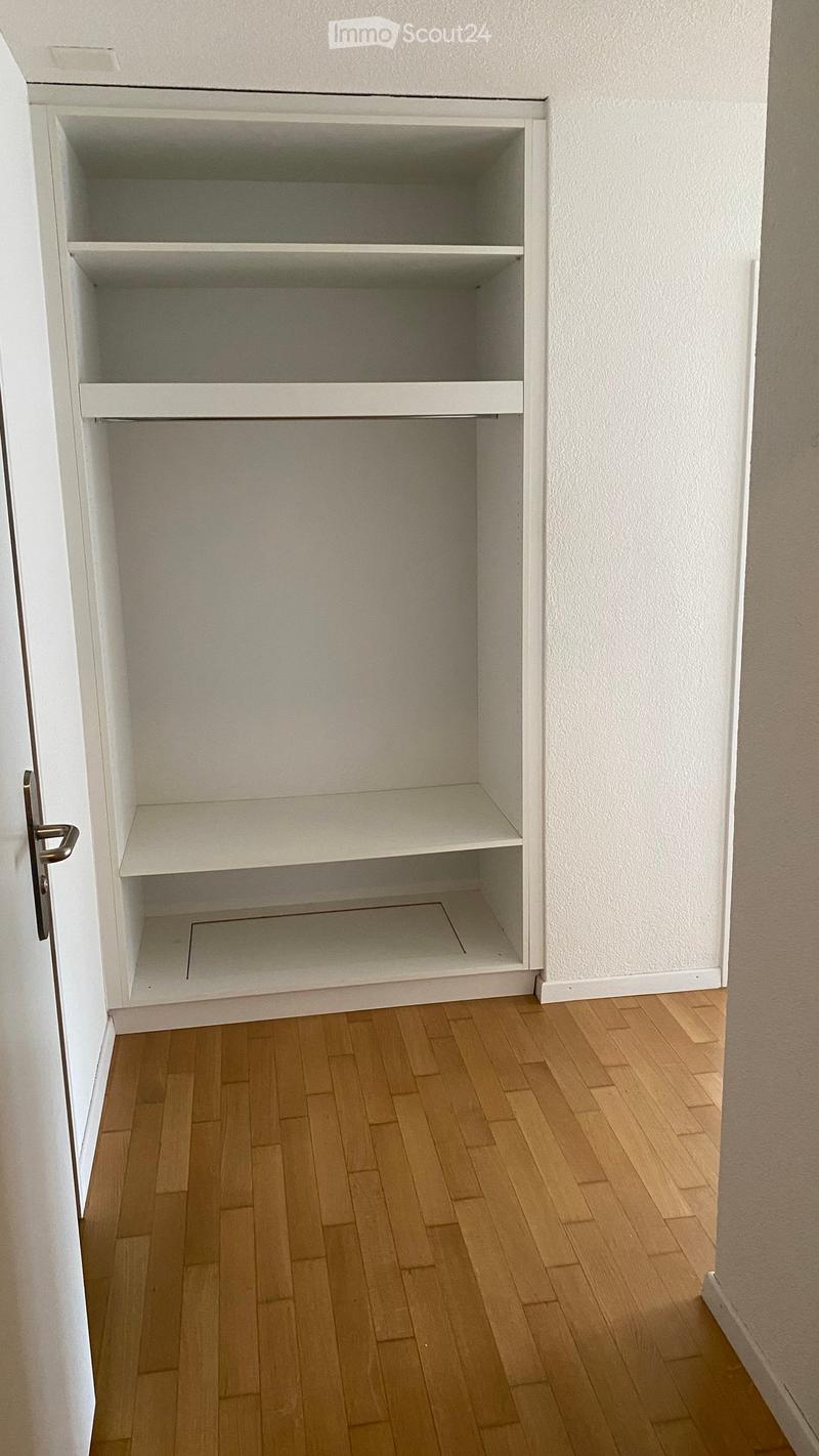 Empty closet with white walls, wooden floor, and built-in shelves. No furniture or items present.