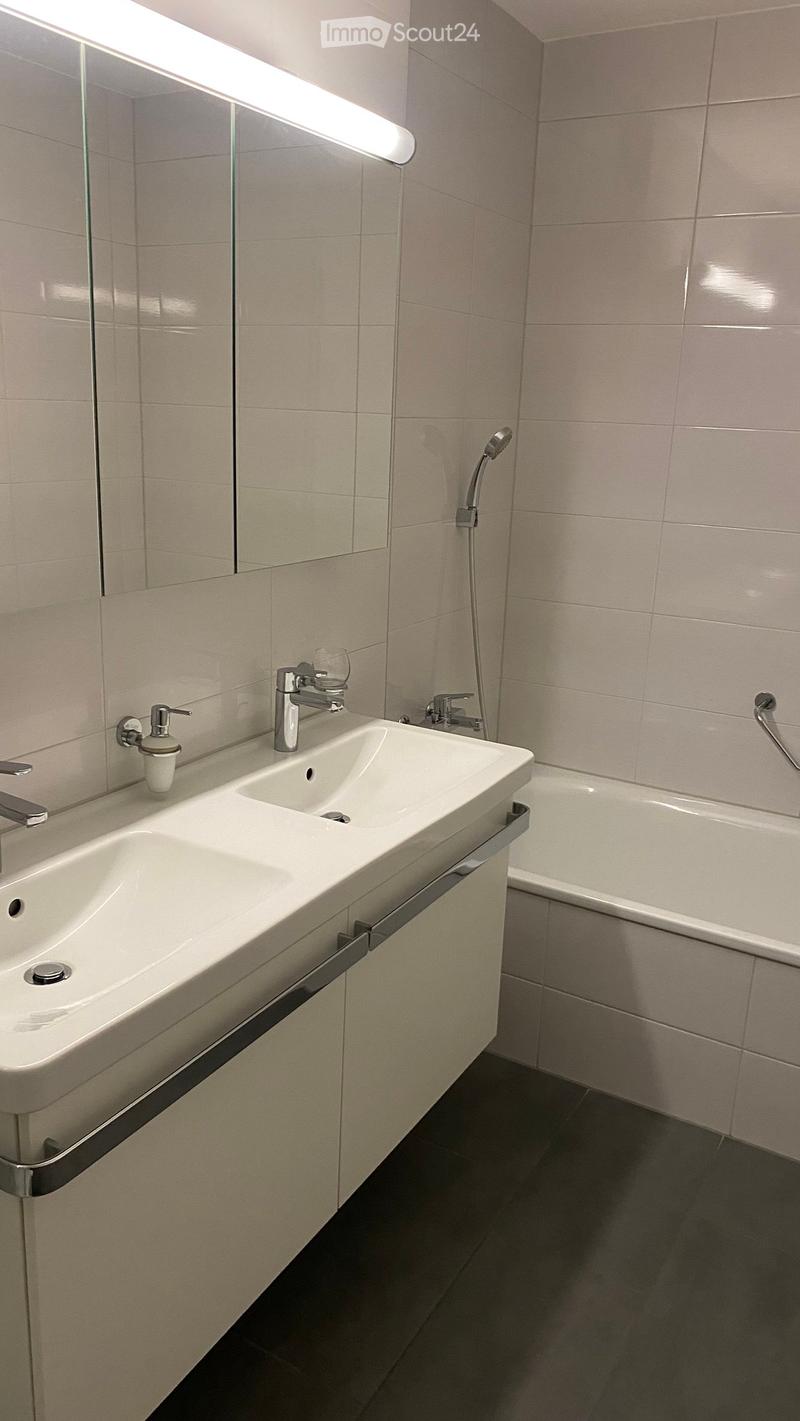 Modern bathroom with a white sink, bathtub, mirror, and sleek fixtures.