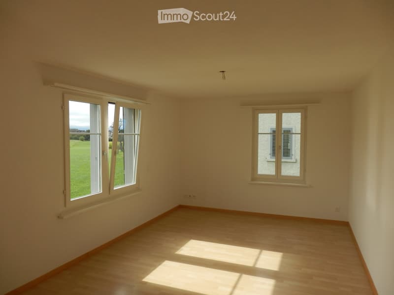 Empty room with light wooden flooring and white walls, featuring two windows with white frames and blinds, one offering a view of a green lawn.