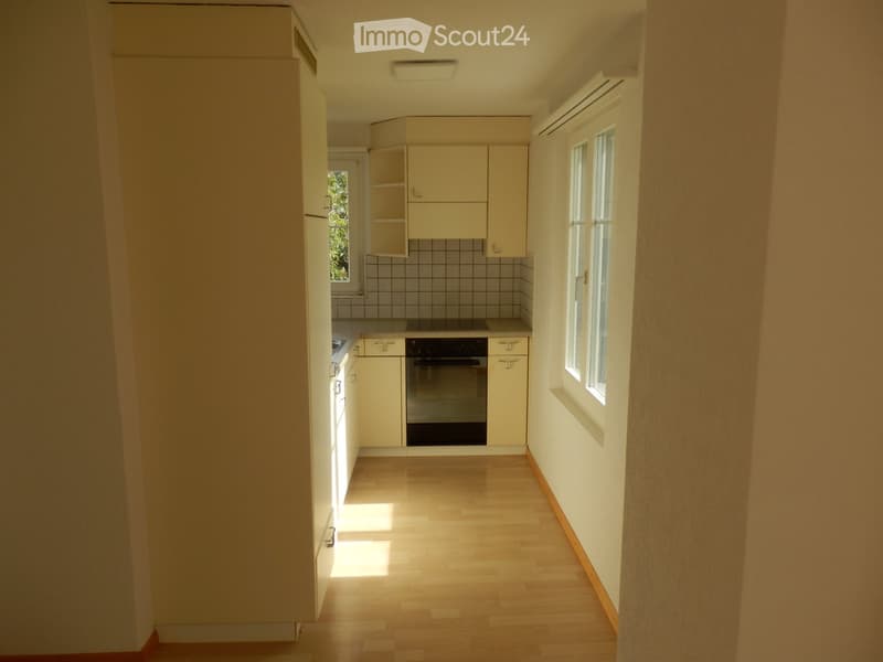 Bright, minimalist kitchen with light-colored cabinets, a stainless steel oven, and wooden flooring.