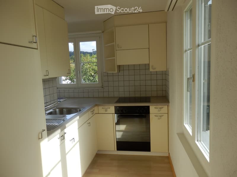 Modern kitchen with light-colored cabinets, a stainless steel sink, and an oven. The space is bright with large windows offering a view of greenery outside.