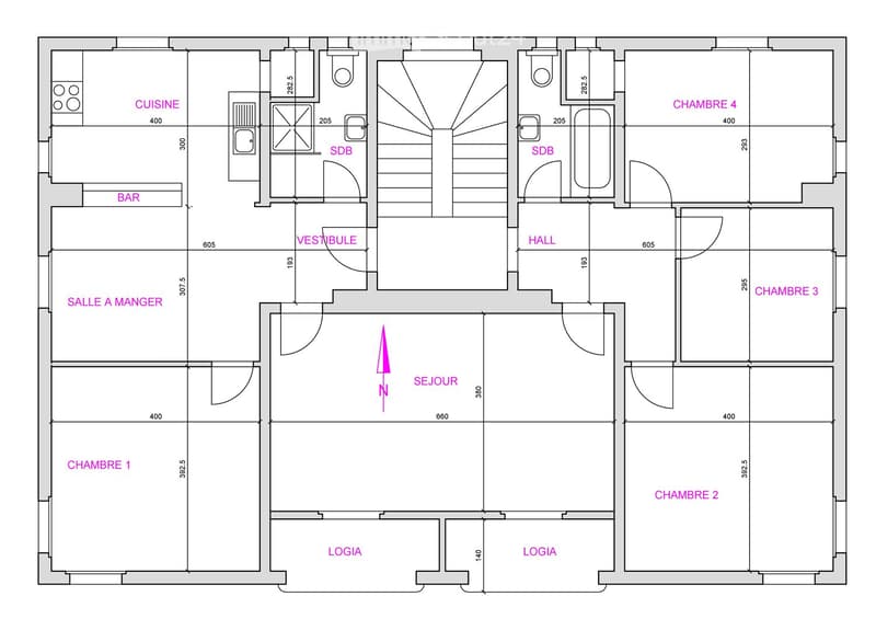 Floor plan of a house with multiple rooms including a kitchen, living room, dining room, four bedrooms, two bathrooms, a hallway, a bar, and two loggias.