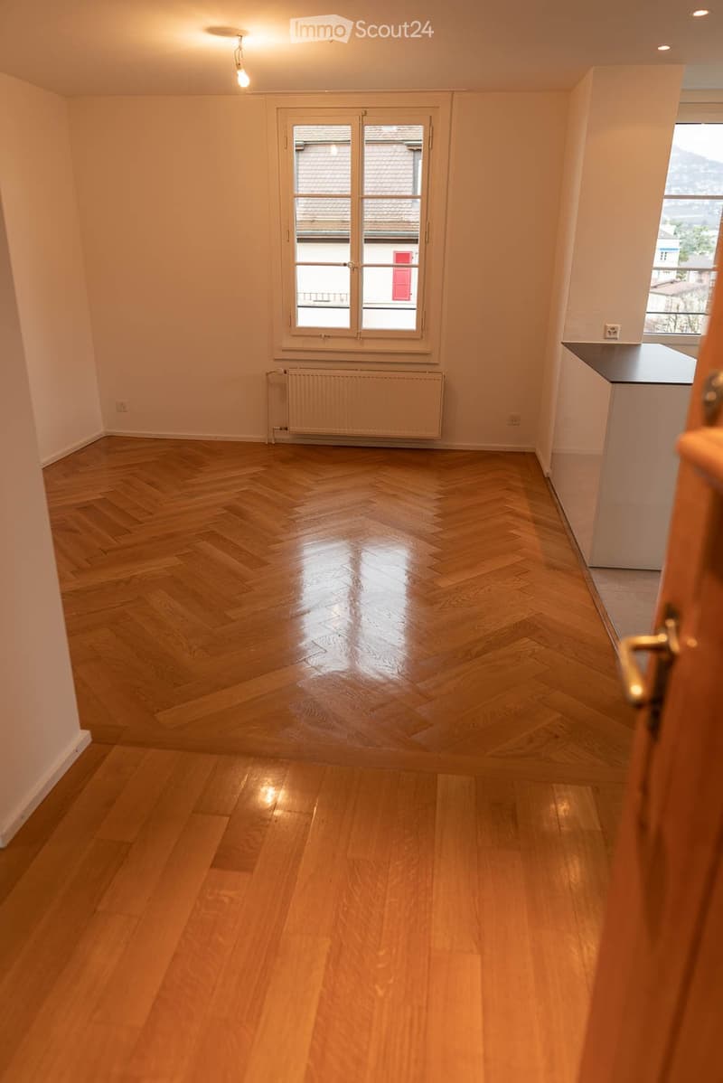Empty room with wooden herringbone flooring, white walls, large windows, radiator, and a small black countertop visible in the corner.