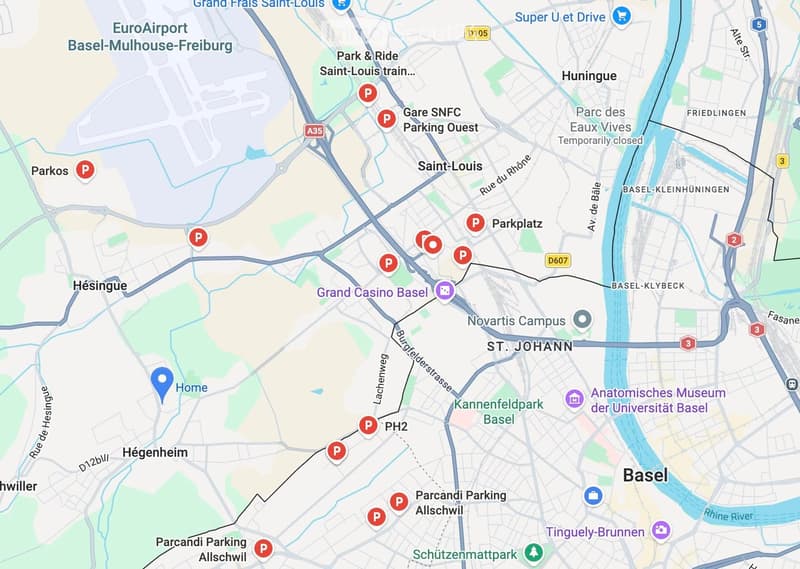 Map showing various locations in Basel, including parking spots, landmarks, and streets.