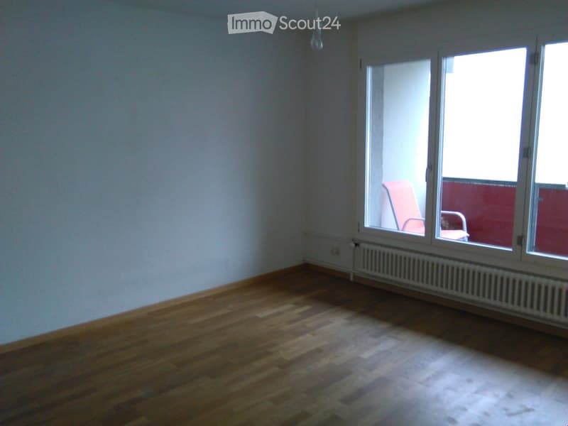 Empty room with wooden floor, white walls, glass doors, balcony, chair, radiator, and light fixture.
