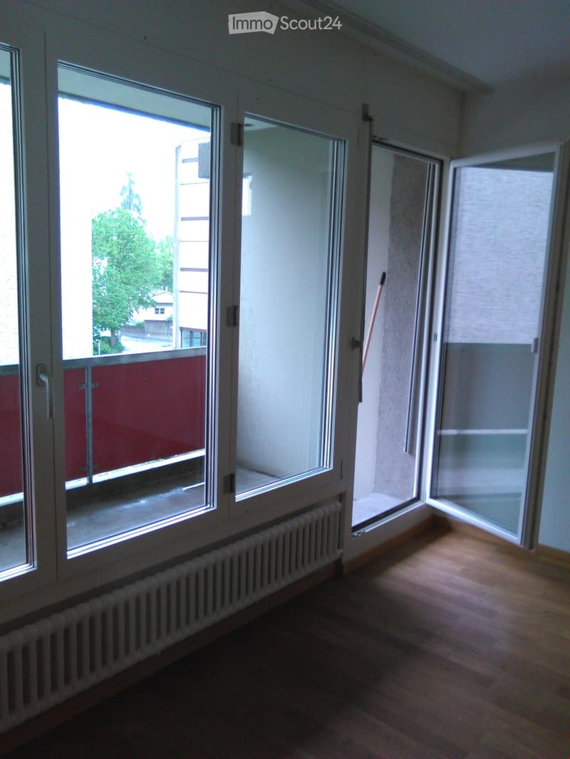 room with double glass doors, balcony, wooden floor, open balcony door, radiator