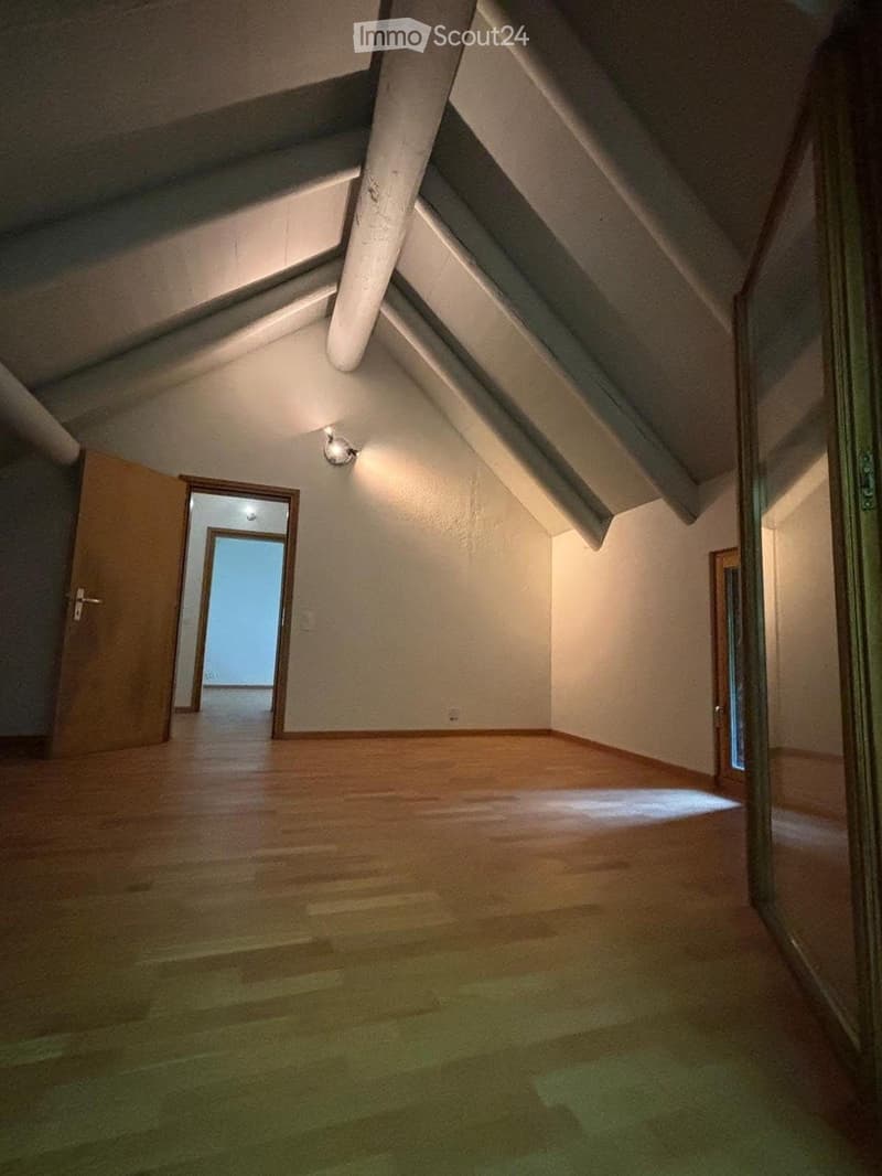 Empty attic space with wooden flooring, exposed wooden beams, and a single light fixture on the wall. The room has multiple doors leading to other areas.