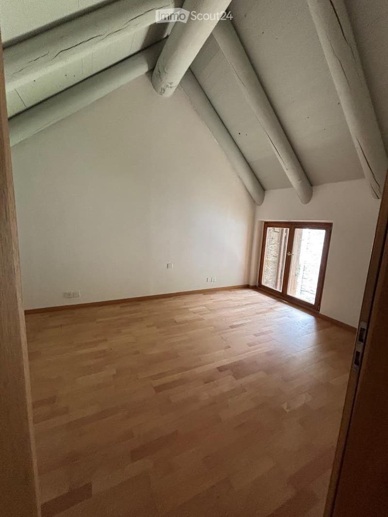 Empty attic room with wooden flooring, white walls, and a skylight window allowing natural light.