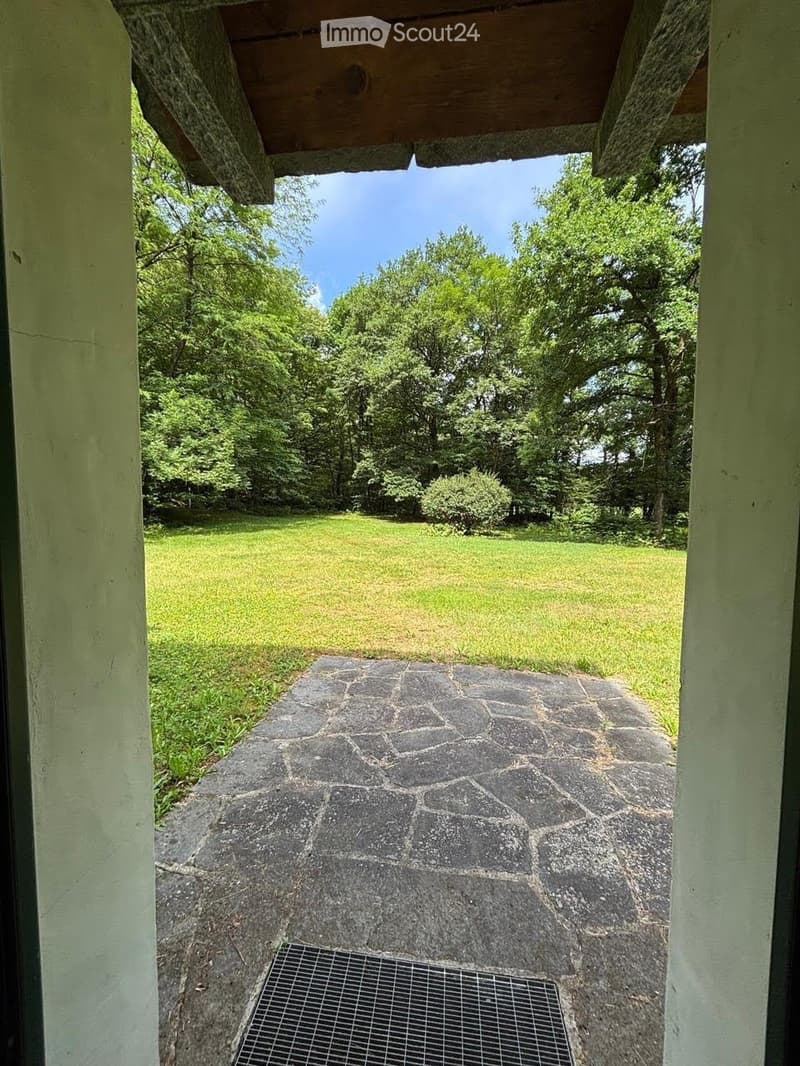 View from a porch onto a grassy yard with trees and a stone pathway leading to the yard.