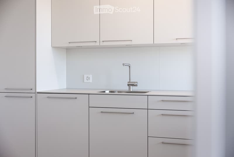 Modern kitchen with white cabinets, stainless steel sink, and a faucet.