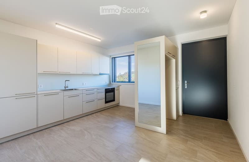 Modern kitchen with white cabinets, wooden floor, and a large window.