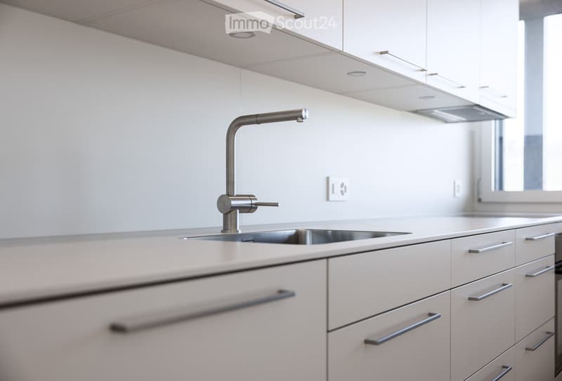 Modern kitchen with white cabinets, stainless steel sink, and a faucet.