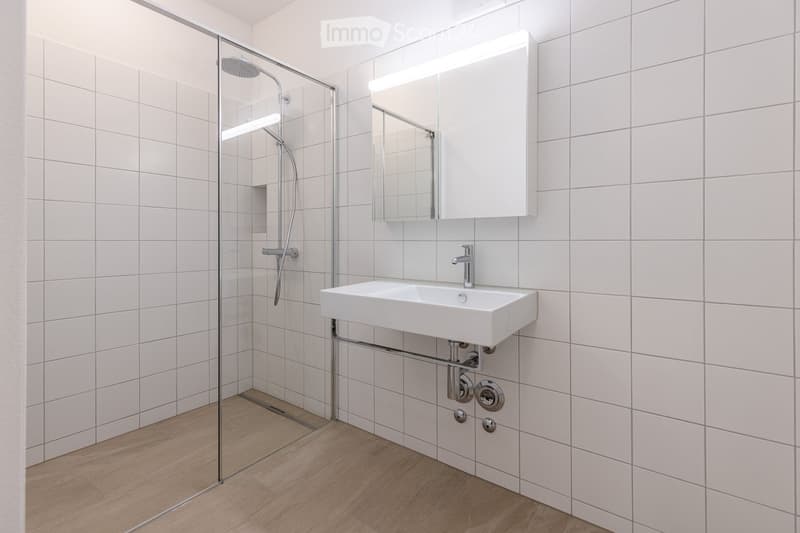 Modern bathroom with white tiles, glass shower enclosure, white sink, and mirror with a lit cabinet.