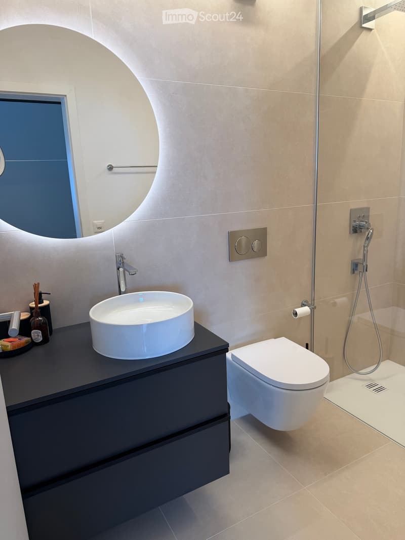 Modern bathroom with a white sink, sleek faucet, toilet, large round mirror, and a glass-enclosed shower area.