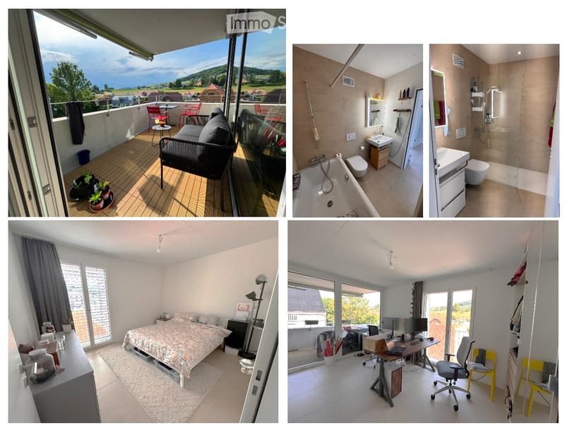A collage of images showing a modern apartment with a spacious balcony, a cozy living area, a well-equipped bathroom, a comfortable bedroom, and a functional workspace.
