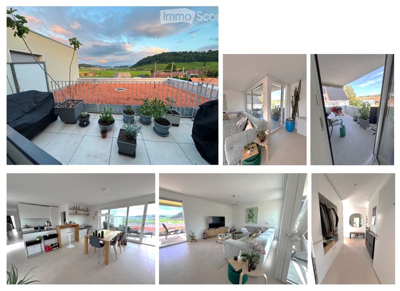 Modern furnished apartment with a spacious living room, dining area, kitchen, and balcony with scenic views. Features include a sofa, coffee table, dining table with chairs, kitchen cabinets, and various plants.