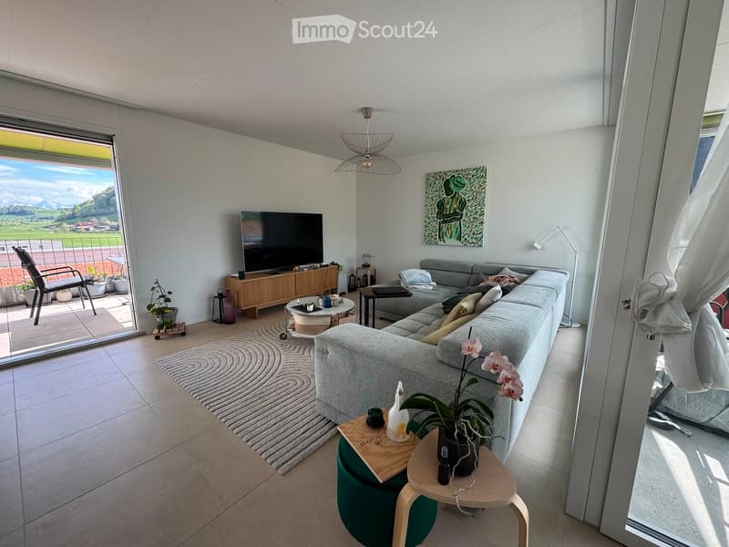 Modern living room with large windows offering a scenic view, featuring a grey sectional sofa, coffee table, TV, and decorative plants.