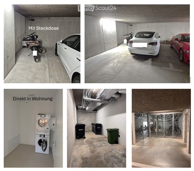 {"visible_features": ["Garage", "Parking place"], "type": "Garage", "objects": [], "description": "Multiple garage spaces with concrete floors and walls, showing parked cars, bicycles, and storage areas including a washing machine and trash bins.", "local