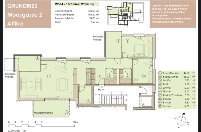 Floor plan of a 3.5-room apartment with labeled rooms including living/dining area, kitchen/entryway, bathroom, bedroom, and balcony.