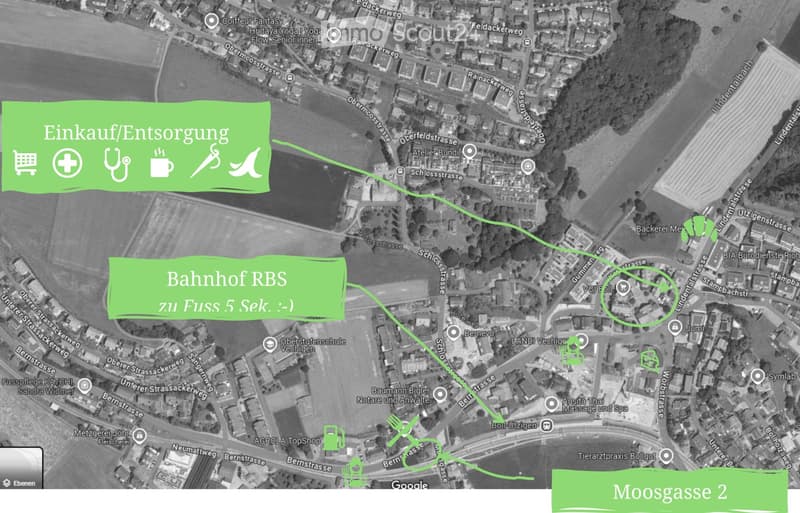 A map showing the location of Moosgasse 2, with nearby landmarks and transportation options indicated.