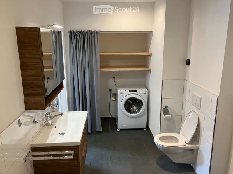 Modern bathroom with a white sink, faucet, mirror cabinet, toilet, washing machine, and built-in wooden shelves.