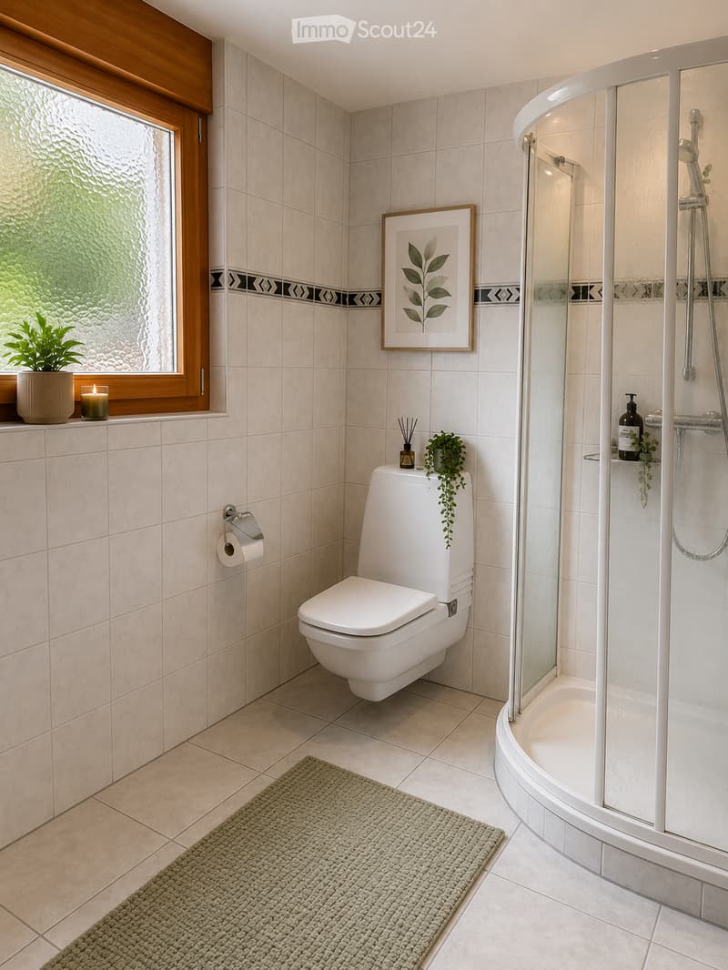 Modern bathroom with beige tiles, a white toilet, a glass-enclosed shower, a green bath mat, a candle, a small plant, and a framed picture on the wall.