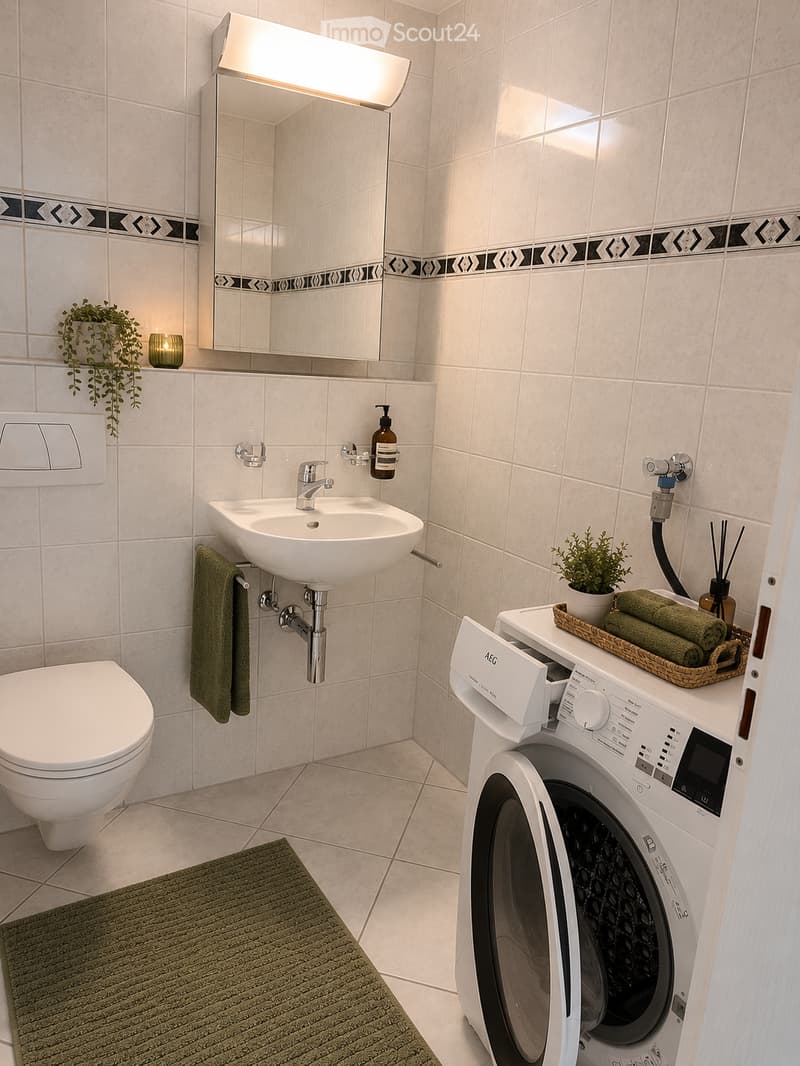 Modern bathroom with a toilet, sink, mirror, and washing machine. Features a green towel, wicker basket with folded towels, small plants, and a bath mat.