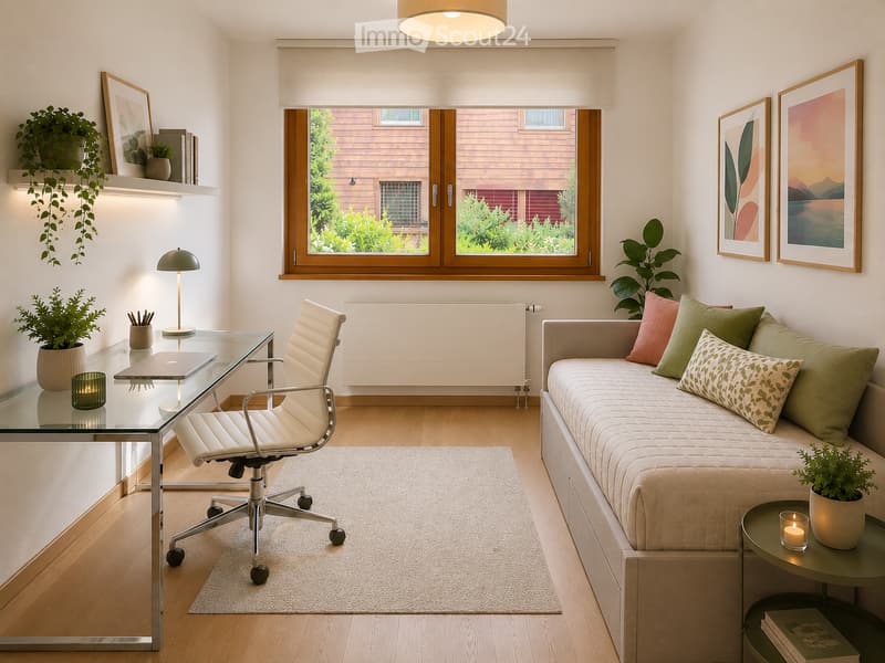 Modern living room with a sofa, armchair, glass desk, and decorative plants. Features large windows with wooden frames and a view of greenery outside.