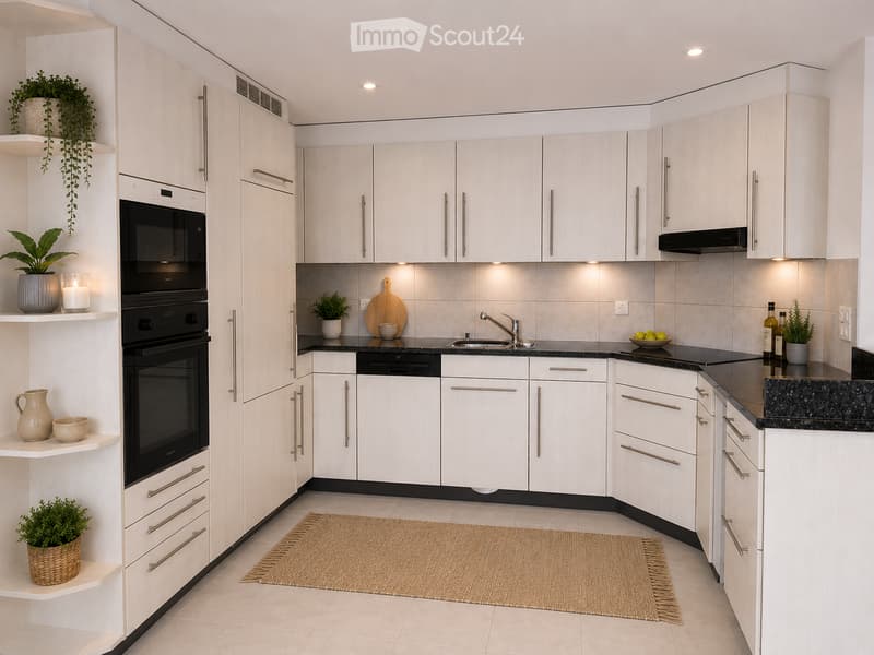 Modern kitchen with white cabinets, stainless steel appliances, and a black countertop. Features include an oven, dishwasher, sink, and decorative items like potted plants and a rug.