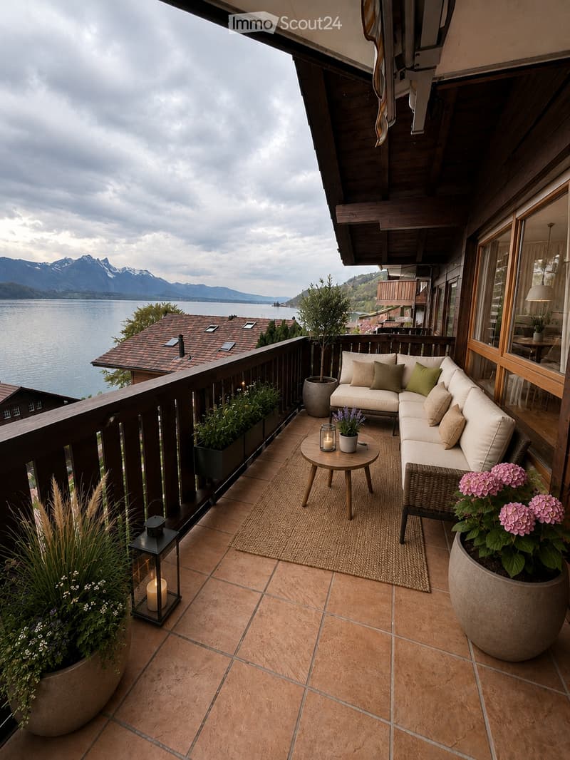 Balcony with a view of a lake and mountains, featuring a sofa, small table, lantern, and potted plants.