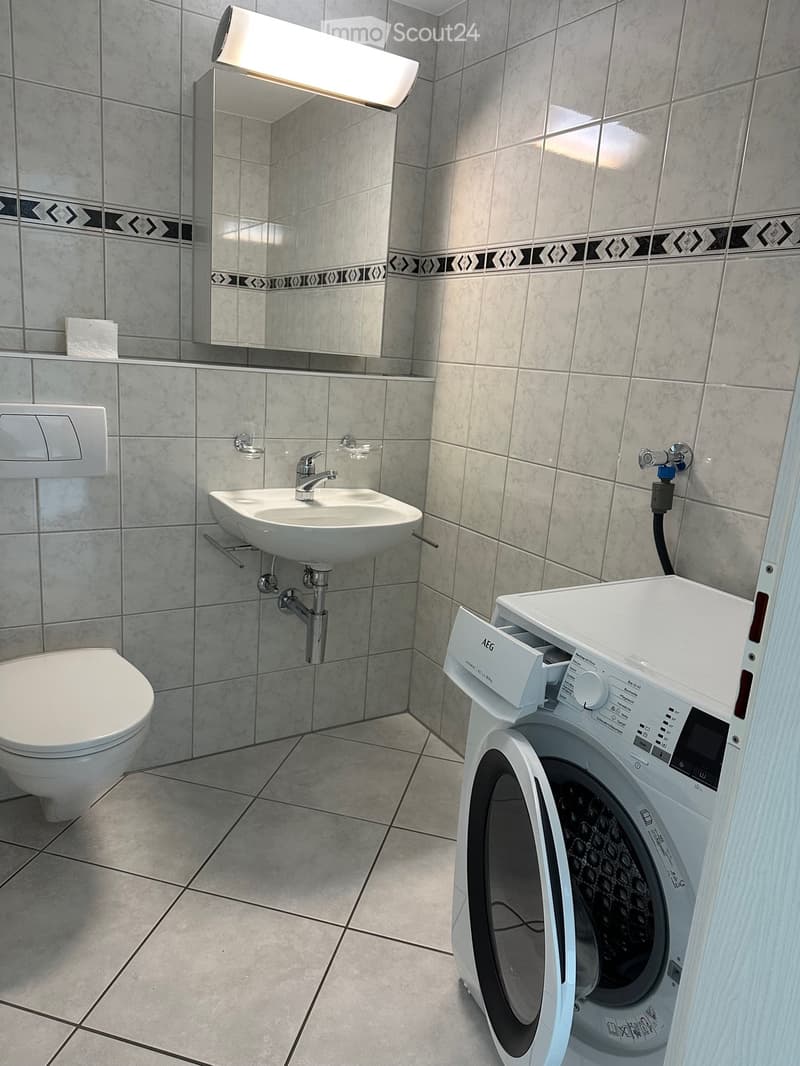 Modern bathroom with a toilet, sink, mirror, and a washing machine. The walls are tiled with a decorative border, and the floor is tiled.